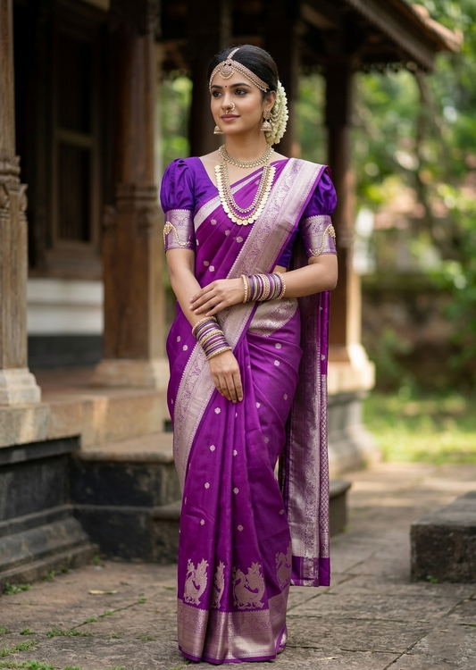 Southloom Pure Handloom Bridal Kanchipuram Silk Saree with Korvai Work (Violet)