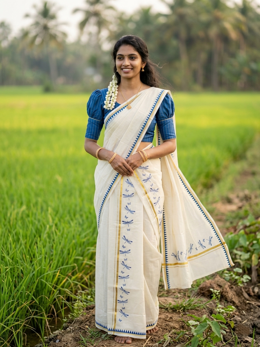 Southloom Kerala Cotton Single Set Mundu (Mundum Neriyathum) with Blue Thumbi Block Printed Design And Gold Kasavu 2.80Mtrs SL151