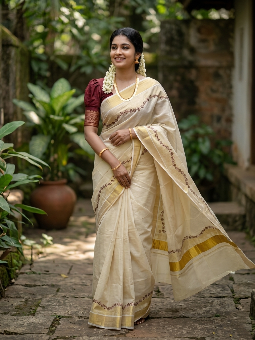 Southloom Tissue Kerala Kasavu Saree with Brown Floral  Embroidery Design