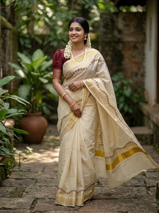 Southloom Tissue Kerala Kasavu Saree with Brown Floral  Embroidery Design