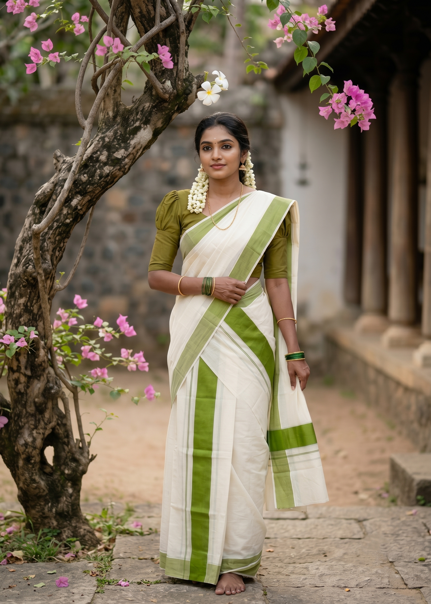 Southloom Kerala Cotton Mundum Neriyathum Single (Set Mundu) with Katti Kara in Olive Green 2.80 Mtrs SL004