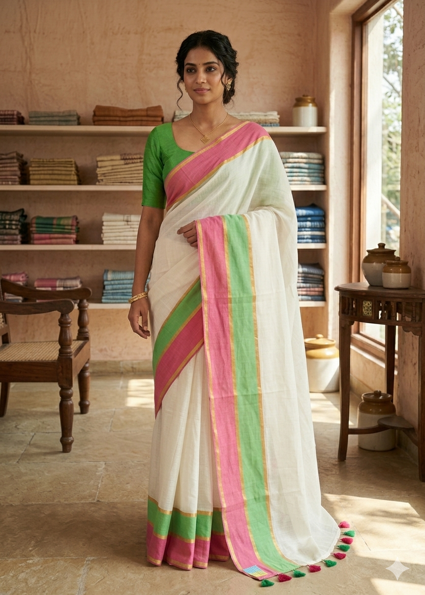 Kerala Mul Cotton Soft Fabric Saree Green & Magenta SL215