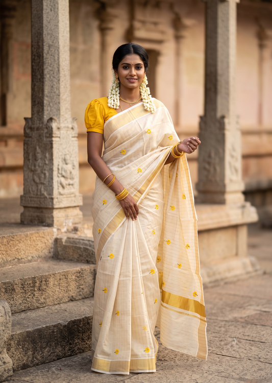 Southloom Kerala Tissue Yellow Floral Embroidery Design on the Body With Gold Kasavu