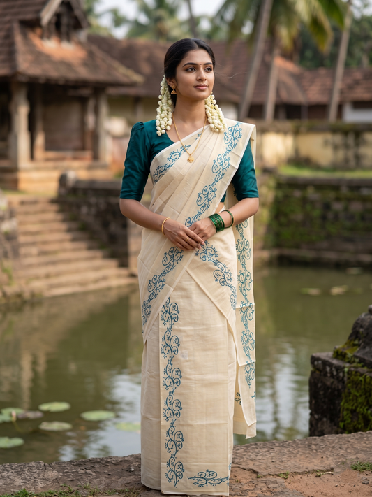 Southloom Kerala Tissue Kasavu Single Set Mundu (Mundum Neriyathum) Blue Embroidery Work