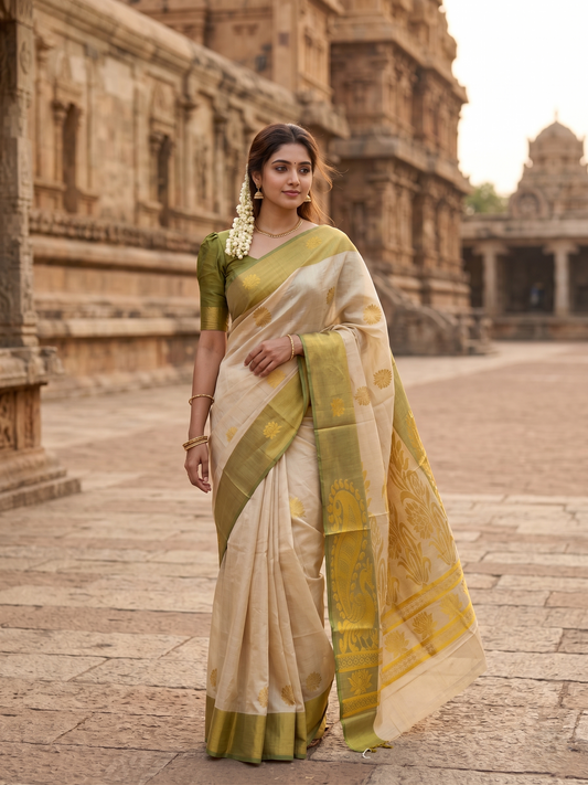 Southloom  Kerala Tissue Kasavu Heavy Work Saree with Peacock Design And Olive Green Border SL483