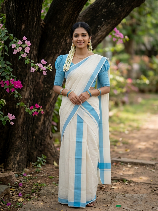 Kerala Mulloth Cotton Single Mundum Neriyathum with Light Blue Border