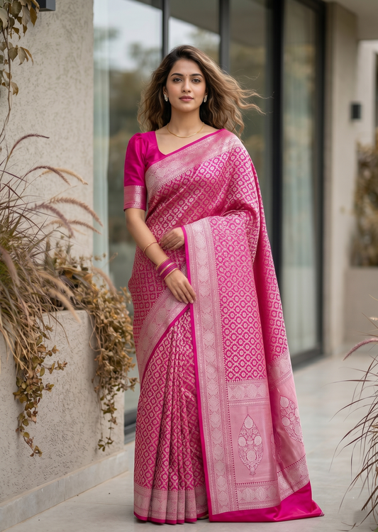 Southloom Pure Banarasi Silk Saree with Woven Work on Body and Borders (Magenta)