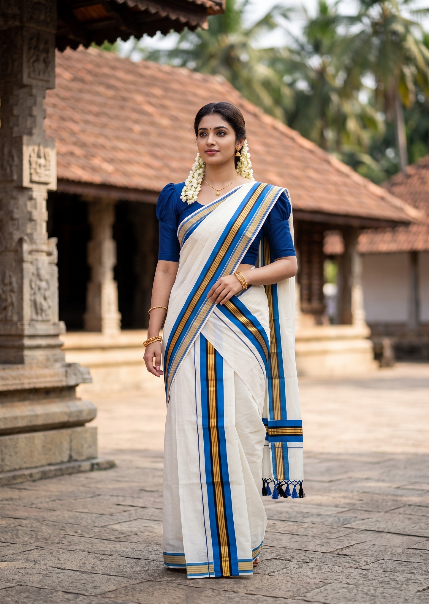 Southloom Kerala Cotton Single Set Mundu (Mundum Neriyathum) with Kasavu and Blue Border And Black With Tussles SLKK SL518