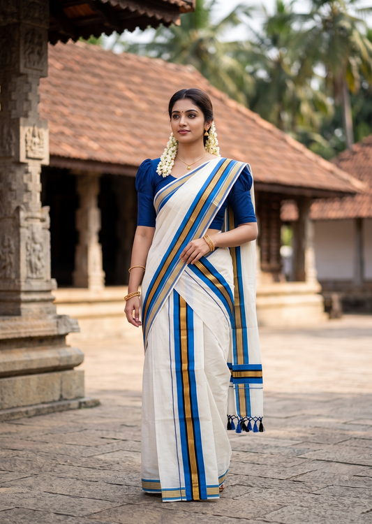 Southloom Kerala Cotton Single Set Mundu (Mundum Neriyathum) with Kasavu and Blue Border And Black With Tussles SLKK SL518