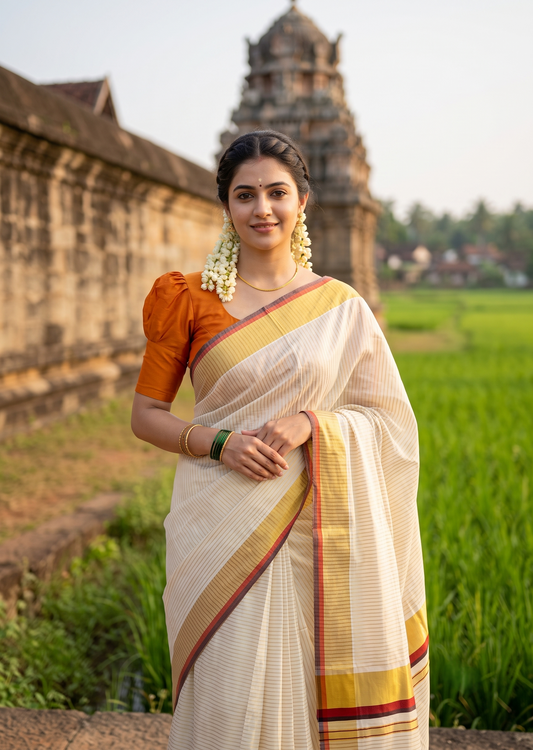 Southloom Kerala Cotton Kasavu Saree with Stripes on Body In Brown & Orange SL506