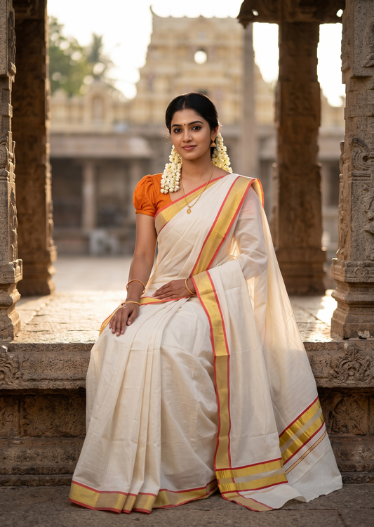 Southloom Kerala Cotton Kasavu Saree with Micro Stripes on Body In Orange Border SL361