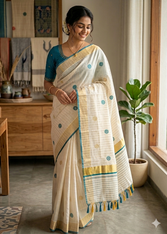 Kerala Tissue Lines Saree With Floral Embroidery Work on The Body SL312