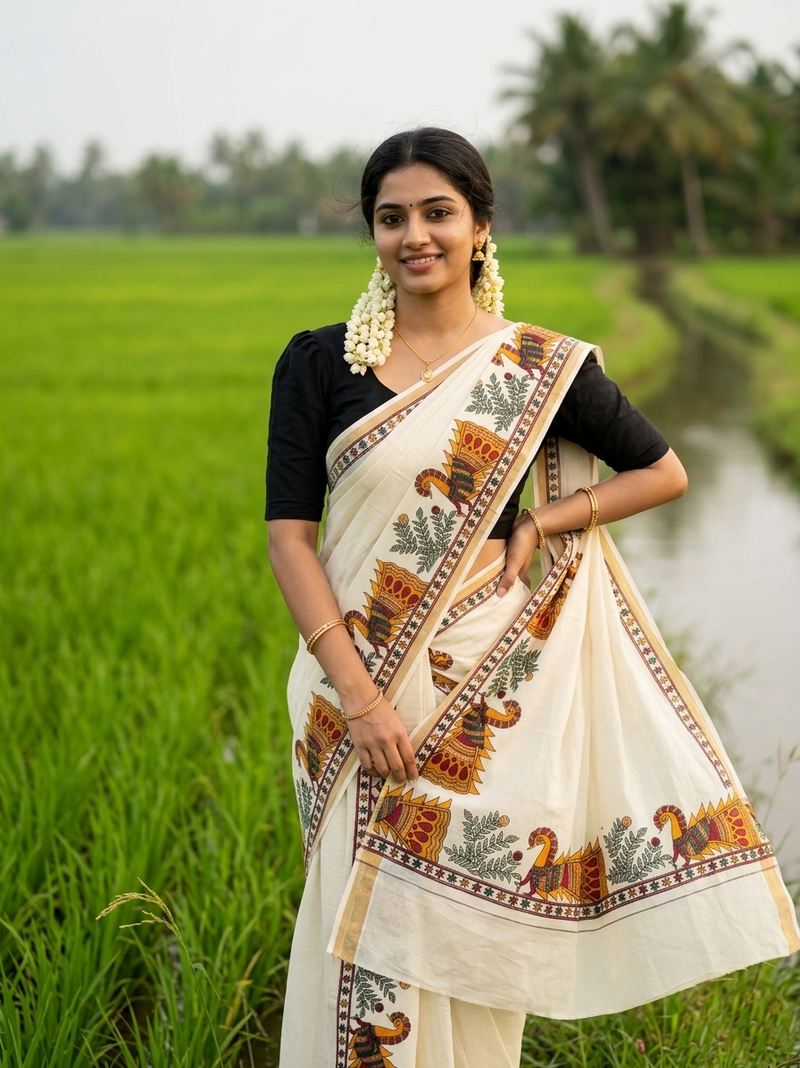 Southloom Cotton Single Set Mundu (Mundu Neriyathum) With Peacock Print On Kasavu in 2.80 Mtrs