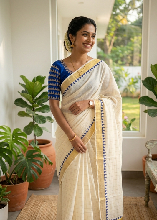 Kerala Cotton Check Saree Without Tassels SL165