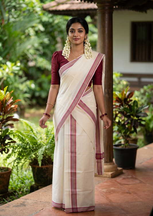 Southloom Kerala Mulloth Cotton Single Mundum Neriyathum with Multicolor Border In 2.80 Mtrs SL243