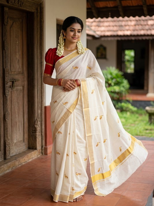 Southloom Cotton Kerala Kasavu Lines Saree with Peacock Embroidery Work on Body in Maroon