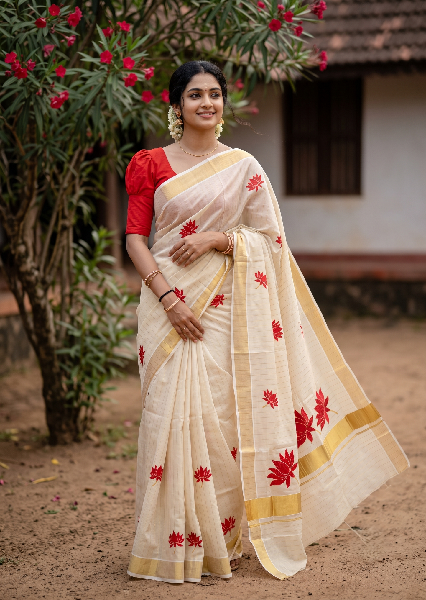 Southloom Kerala Tissue Kasavu Saree with Lotus Embroidery Works on Body in Red SL557