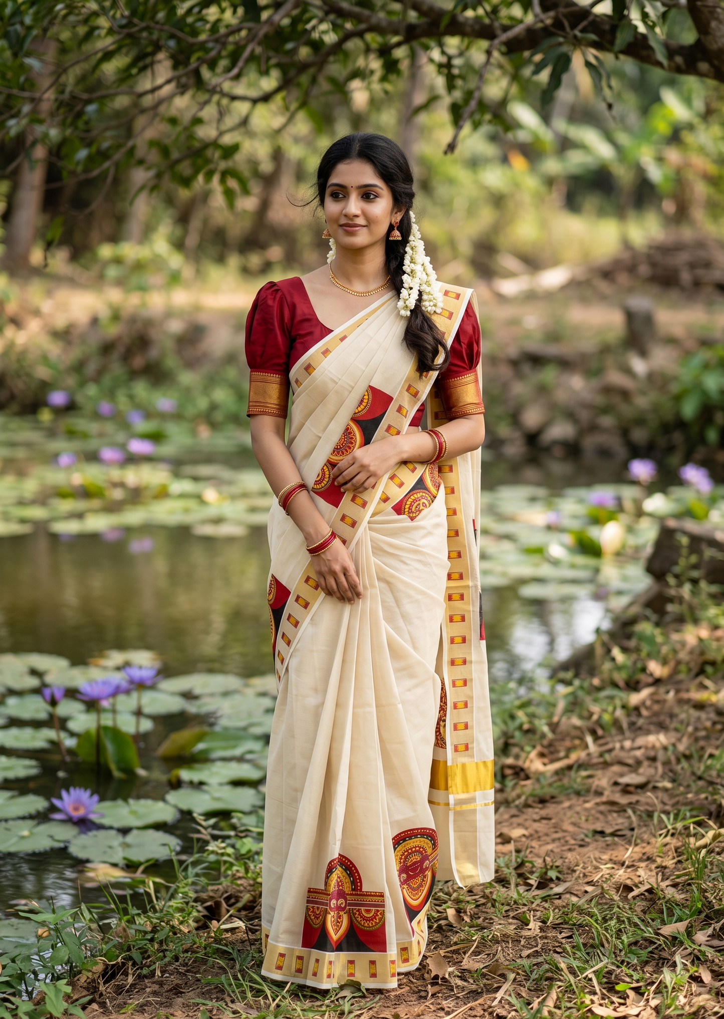 Southloom Kerala Tissue Kasavu Saree with Theyyam Mural Printed Design
