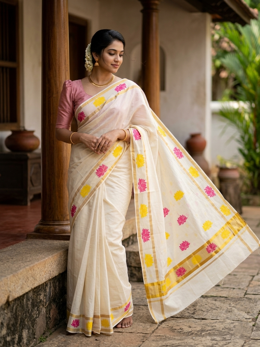Southloom Cotton Kerala Kasavu Saree with Lotus Block Prints on Body and Border in Yellow and Pink