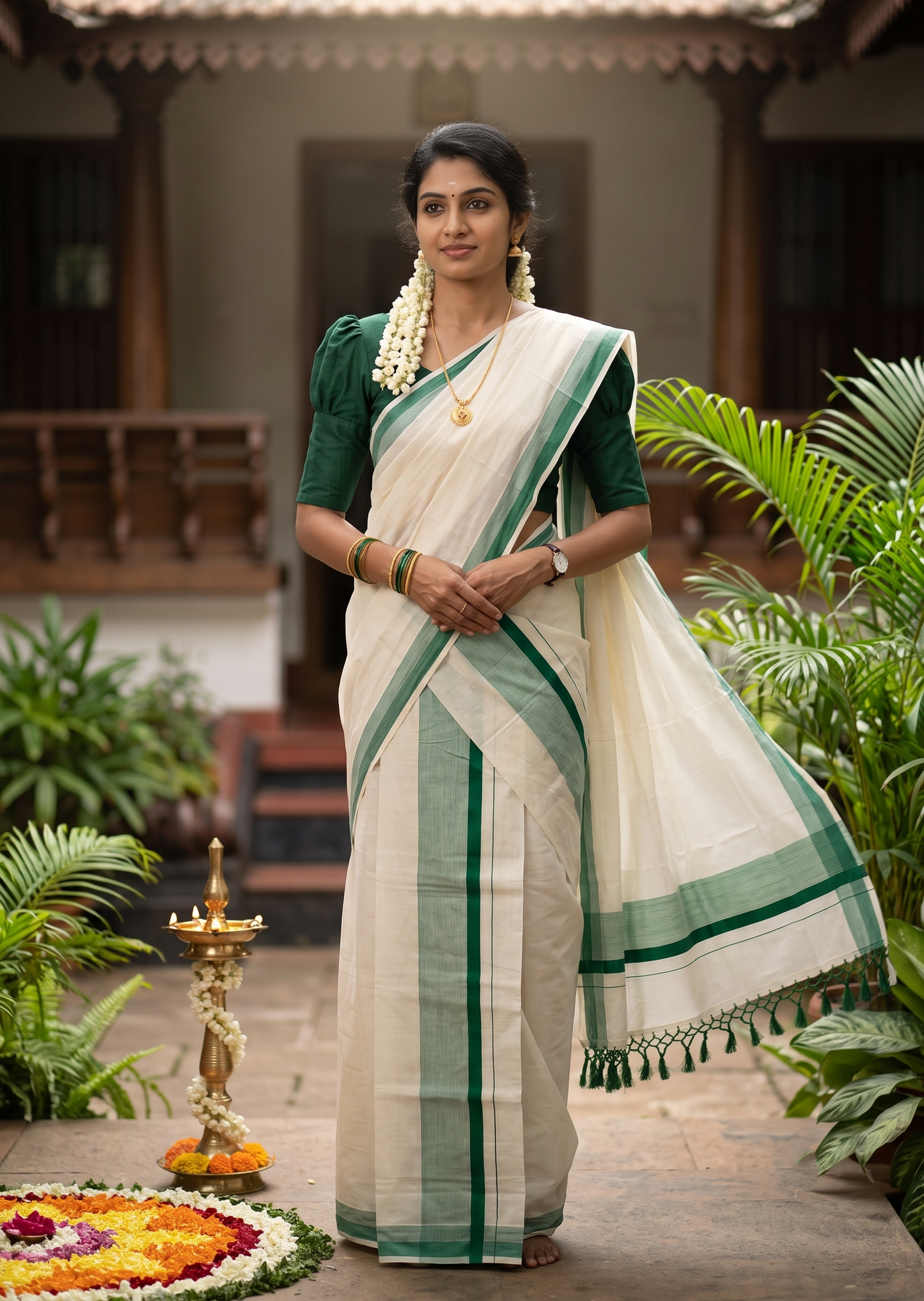 Southloom Kerala Cotton Mundum Neriyathum Single (Set Mundu) with Green Border 2.80 Mtrs