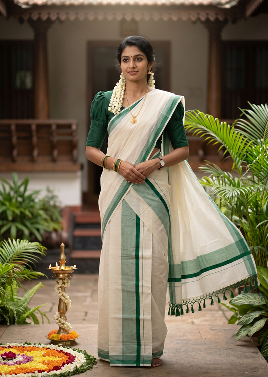 Southloom Kerala Cotton Mundum Neriyathum Single (Set Mundu) with Green Border 2.80 Mtrs