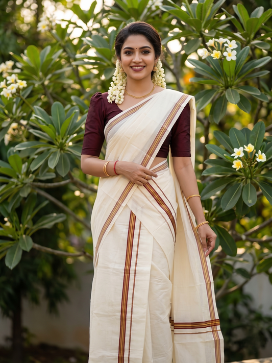 Southloom Pure Cotton Kerala Single Set Mundu (Mundum Neriyathum) with Maroon Kasavu Border in 2.80 Mtrs
