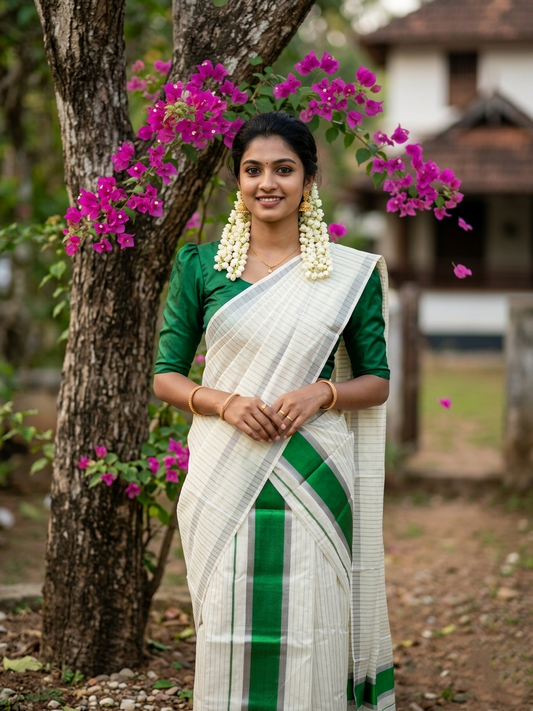 Kerala Cotton Set Mundu Single (Mundum Neriyathum) with Silver and Green Kasavu Lines Across Body 2.80 Mtrs