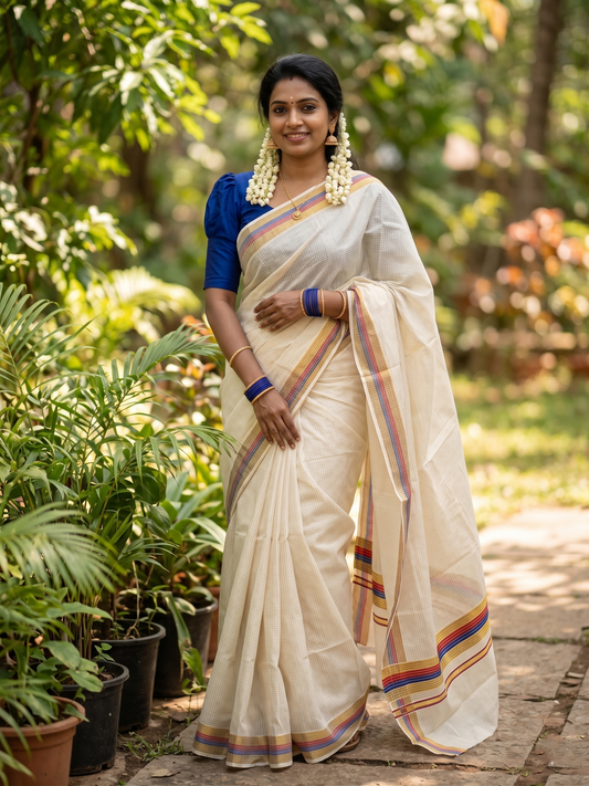 Southloom Kerala Cotton Kasavu Saree with Micro Check Design on Body in Red & Blue Border