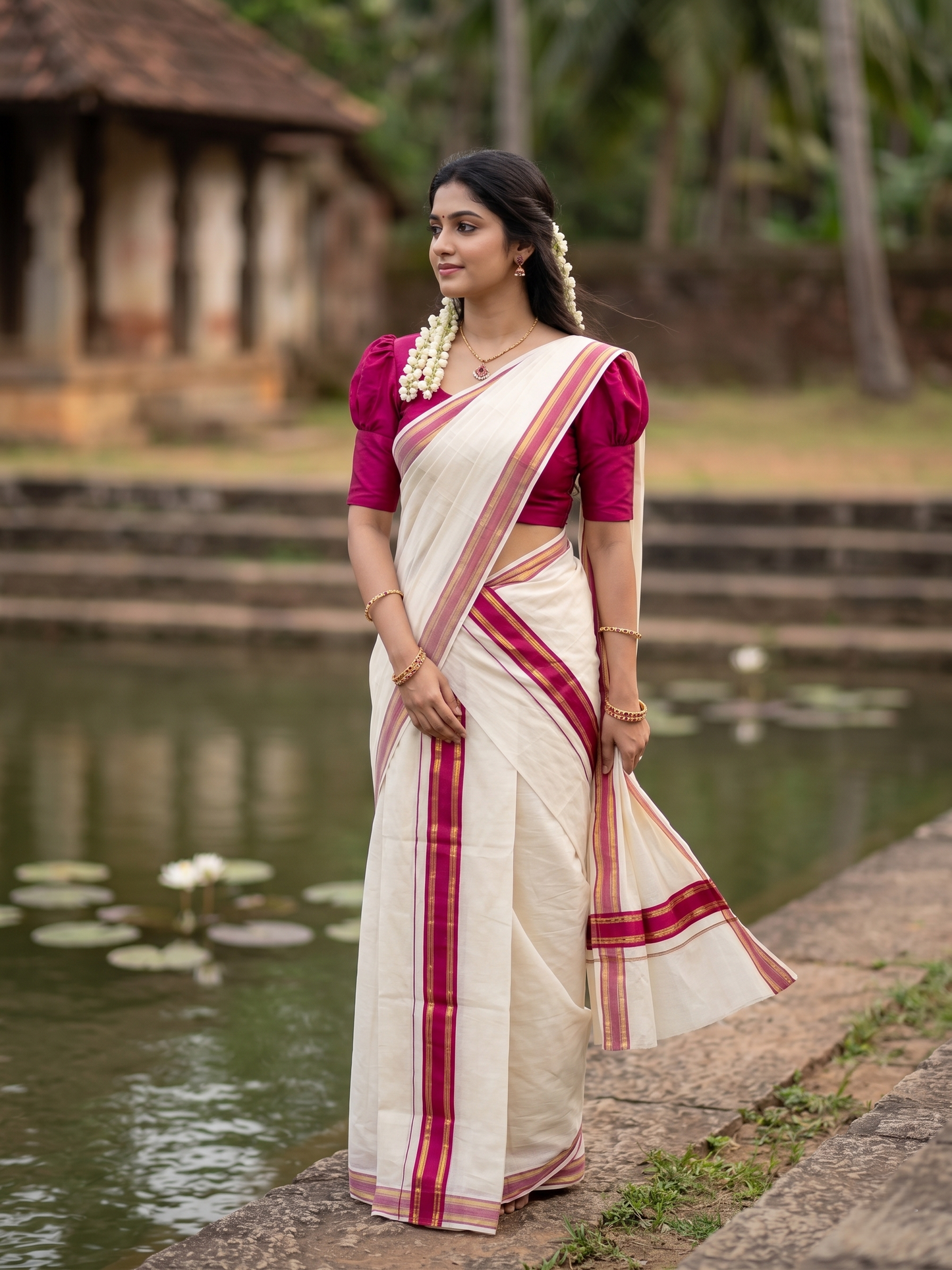 Southloom Kerala Cotton Single Set Mundu (Mundum Neriyathum) with Kasavu and  Dark Pink Border in 2.80 Mtrs SLKK SL470
