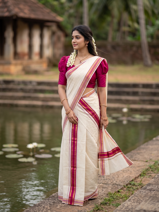 Southloom Kerala Cotton Single Set Mundu (Mundum Neriyathum) with Kasavu and Dark Pink Border in 2.80 Mtrs SLKK SL470