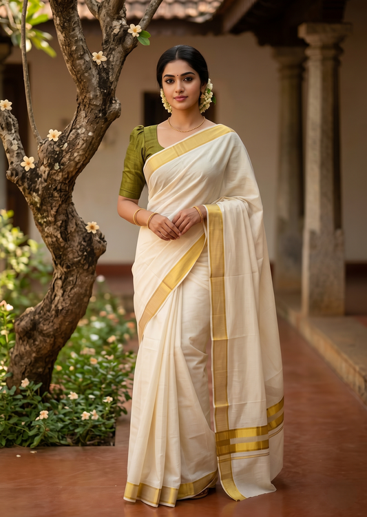 Southloom Kerala Cotton Kasavu Saree with Micro Stripes on Body In Olive Green Border SL361