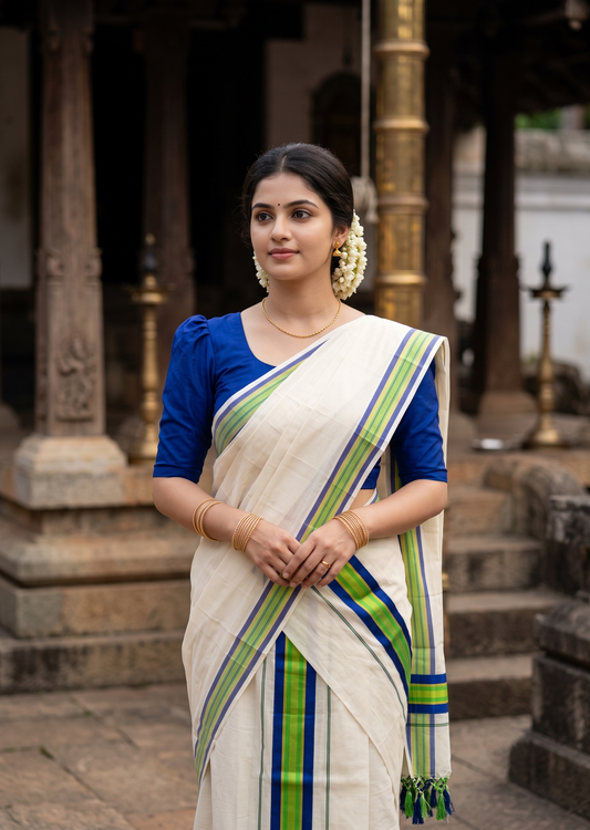 Southloom Kerala Cotton Kasavu Single Set Mundu (Mundum Neriyathum) with Green and Blue Border SLKK SL518