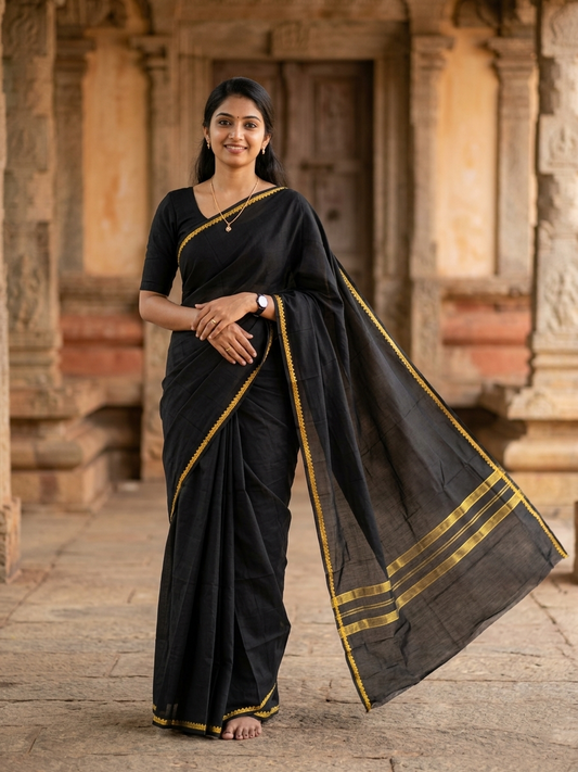 Southloom Kerala Sabarimala Black Simple Saree With Yellow Kara