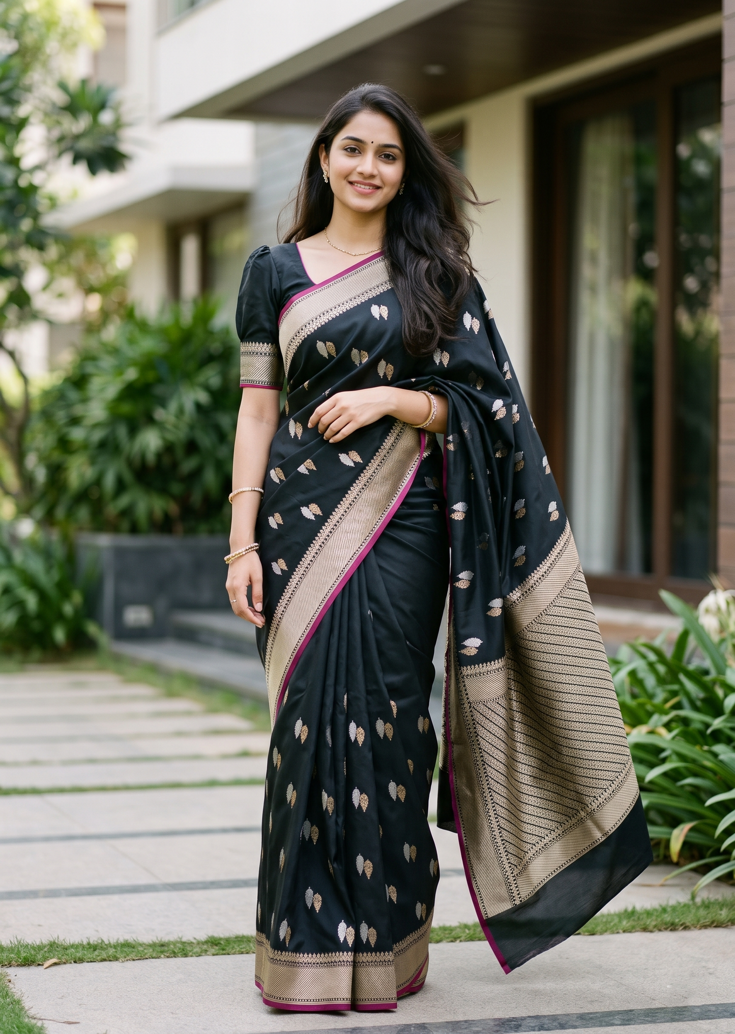 Southloom Satin Banarasi Silk Saree with Woven Work on Body And Borders In Black
