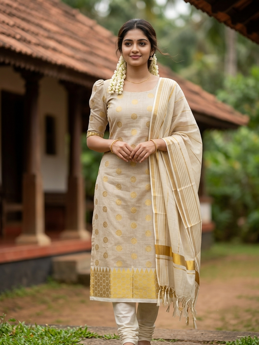 Southloom Kerala Tissue Churidar Salwar Material with Woven Work (include Shawl / Dupatta) SL601