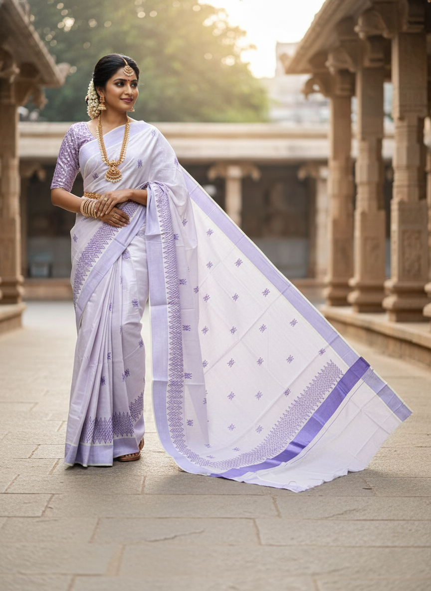 Southloom Kerala Lavender Tissue Saree with Sequins Work