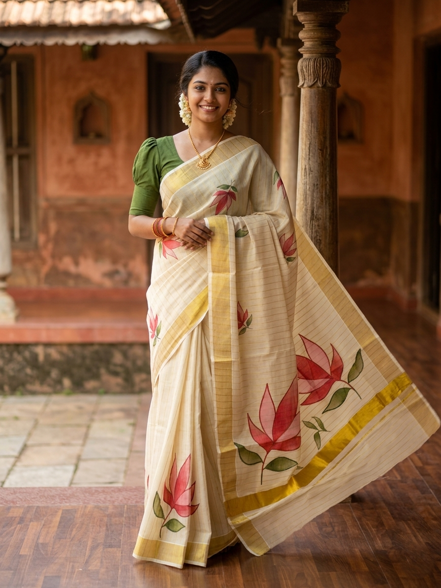 Kerala Tissue Kasavu Lines Saree with Floral Block Prints on Border