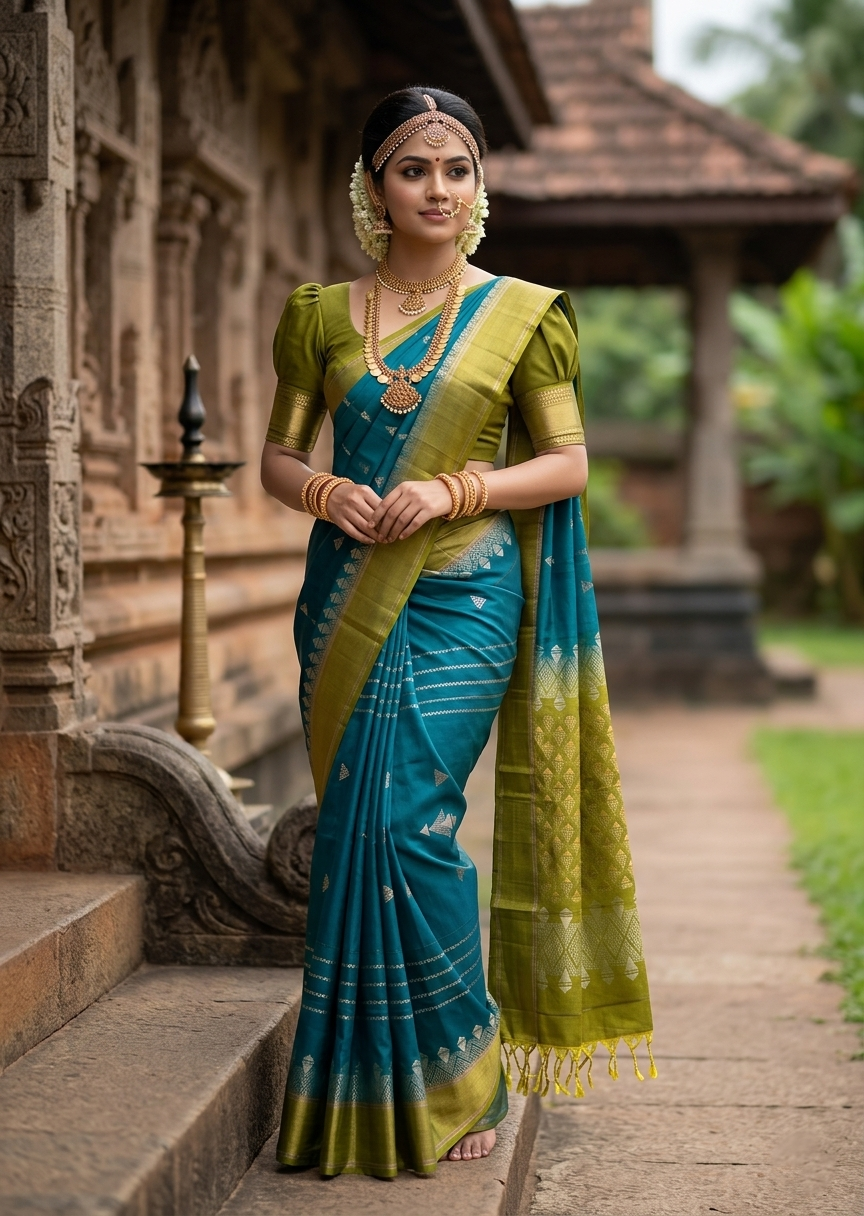 Southloom Pure Handloom Kanchipuram Silk Saree with Butta Work (Green & Blue)