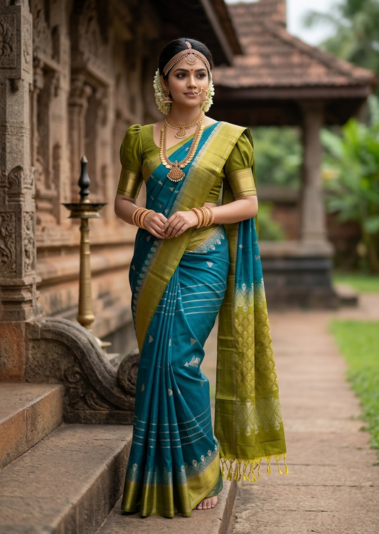 Southloom Pure Handloom Kanchipuram Silk Saree with Butta Work (Green & Blue)