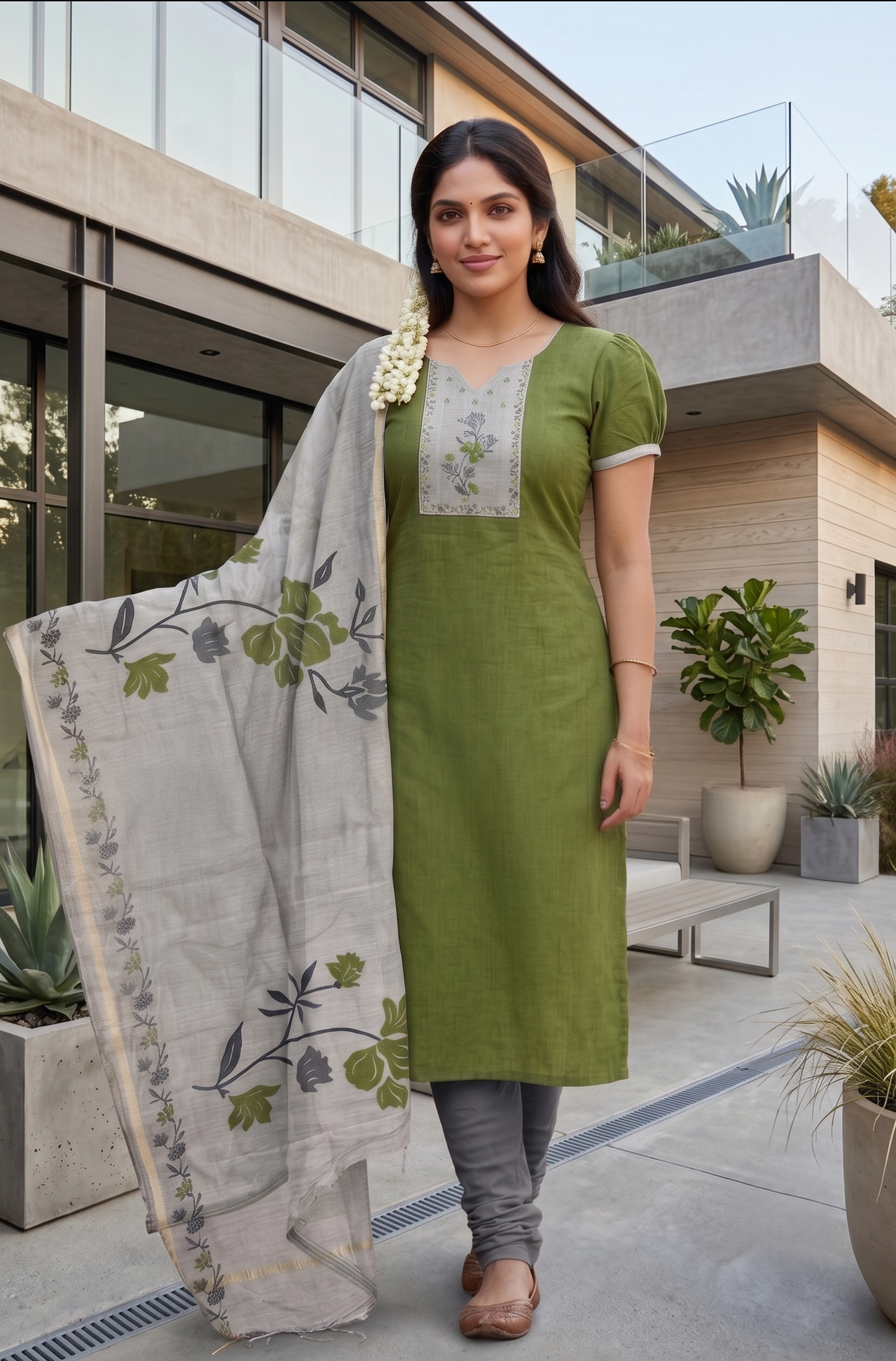 Southloom™ Cotton  3 Piece Green Salwar Material with Woven  Work