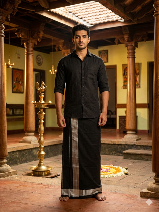 Kerala Cotton Black Colour Double Mundu With silver Kasavu SL233