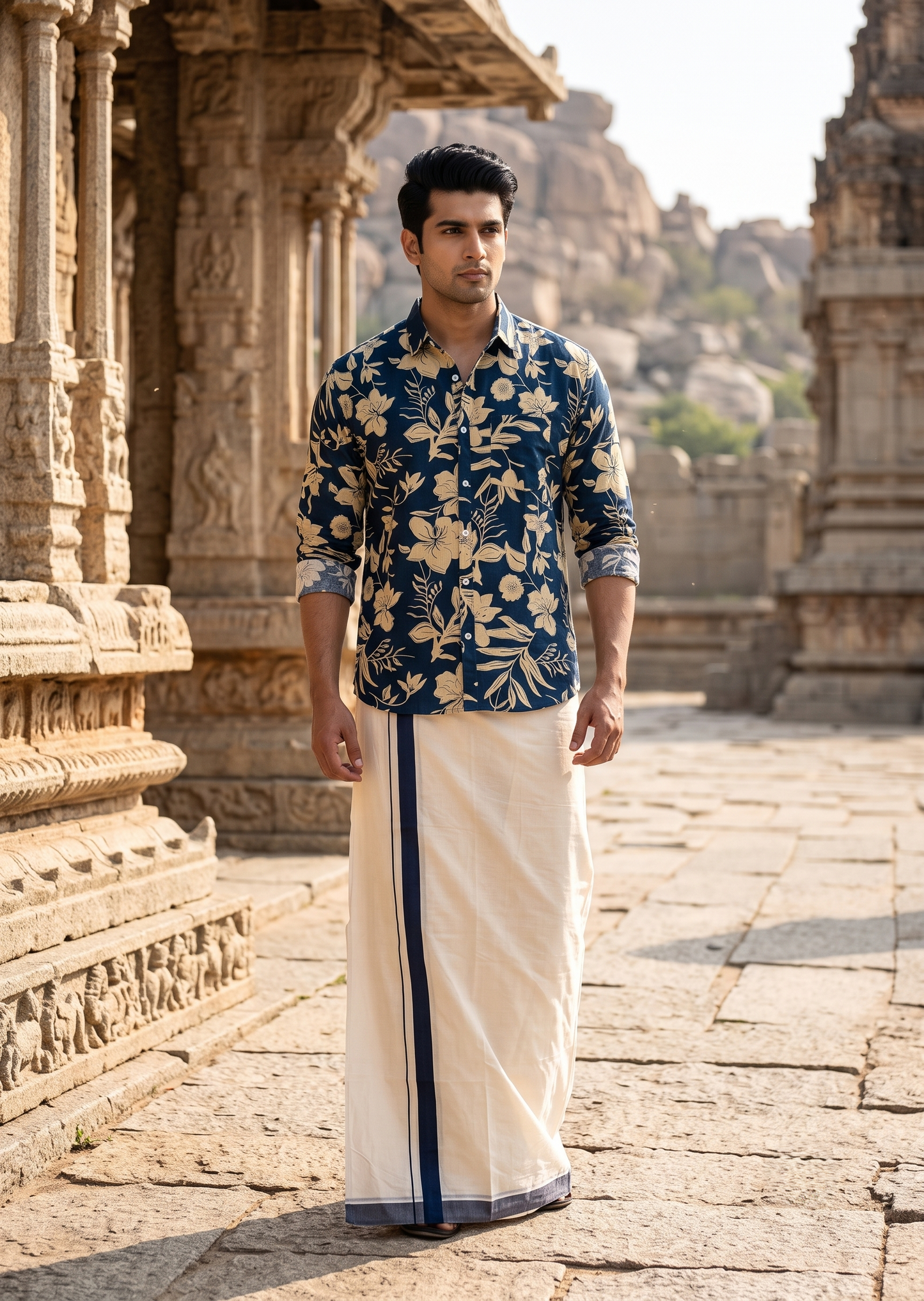 Southloom Cotton Jaipur Printed Men's Combo Full Sleeve (Shirt + Mundu) SLCOMBO SL564