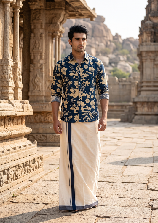 Southloom Cotton Jaipur Printed Men's Combo Full Sleeve (Shirt + Mundu) SLCOMBO SL564