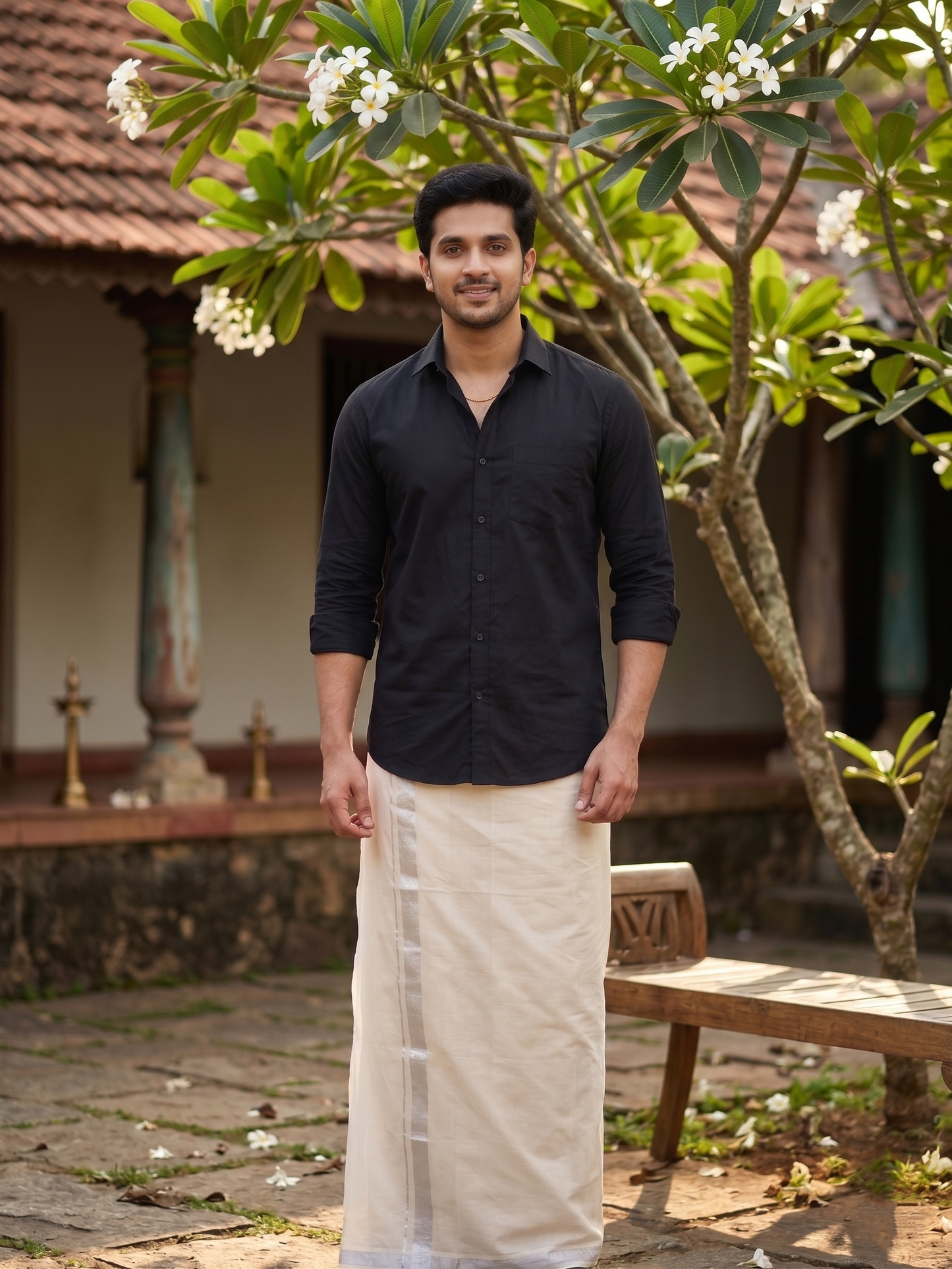 Kerala Cotton Double Mundu with Silver Border  (South Indian Dhoti)