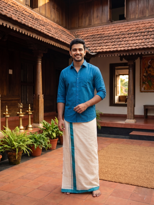Southloom Premium Handloom Cotton Double Mundu with Blue Border