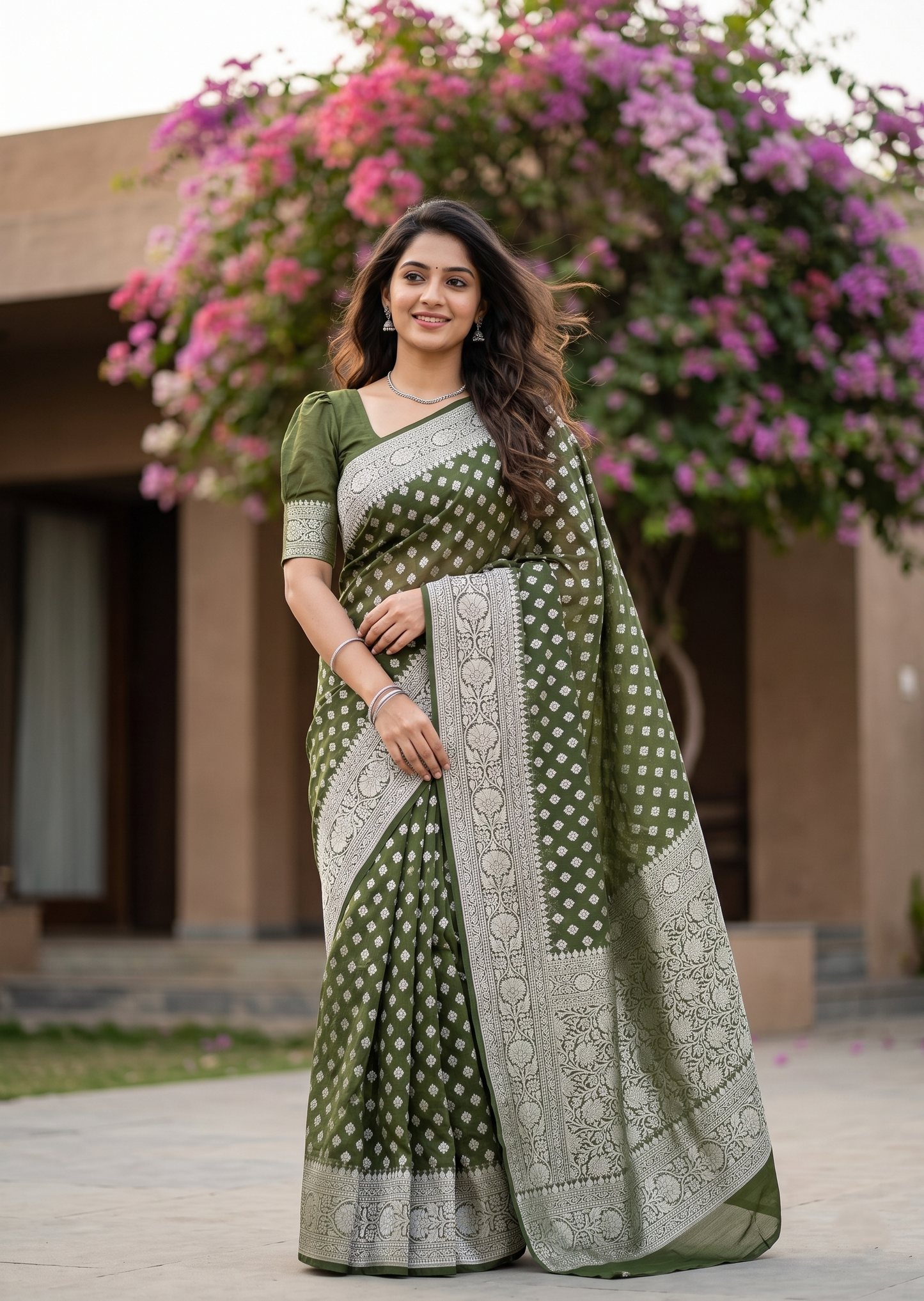 Southloom Cotton Banarasi Silk Saree with Woven Work on Body and Borders (Green)
