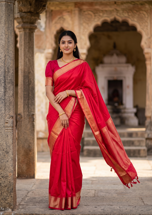 Southloom Silk Saree with Plain Body And Paisley Border in Peachish Red SL552