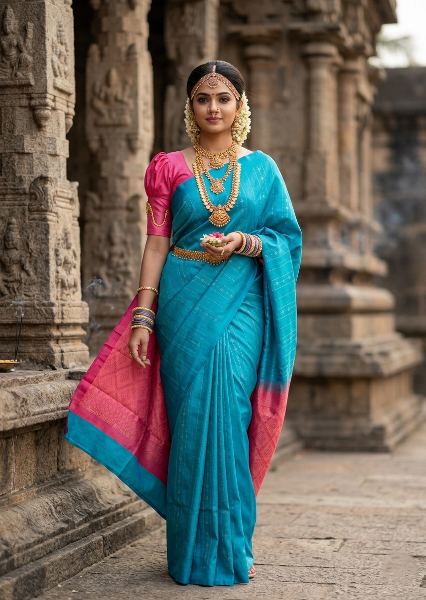 Southloom Pure Handloom Bridal Kanchipuram Silk Saree with Korvai Work (Blue&pink)