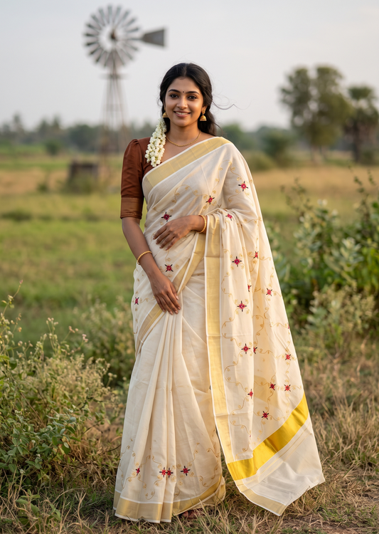 Southloom Tissue Kerala Kasavu Plain Saree with  Embroidery Designs on Body