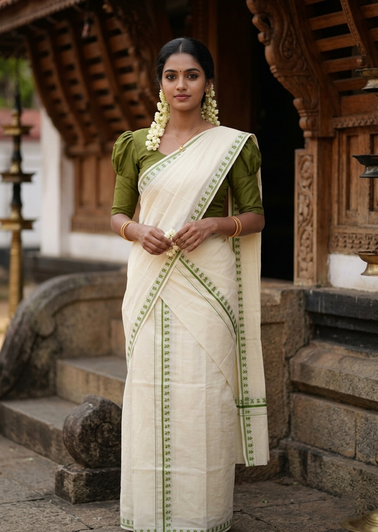 Southloom Pure Cotton Kerala Single Set Mundu (Mundum Neriyathum) with Digital Prints in Olive Green 2.80 Mtrs SL359